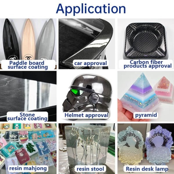 Epoxy resin 4212AB is specially used for paddle board surface coating, car tail surface coating, carbon fiber car exhaust coating, stone surface coating, carbon fiber products coating, polishing jewelry surface coating, LED potting, mold potting, and other electronic parts insulation, moistureproof potting, confidentiality masking and so on.